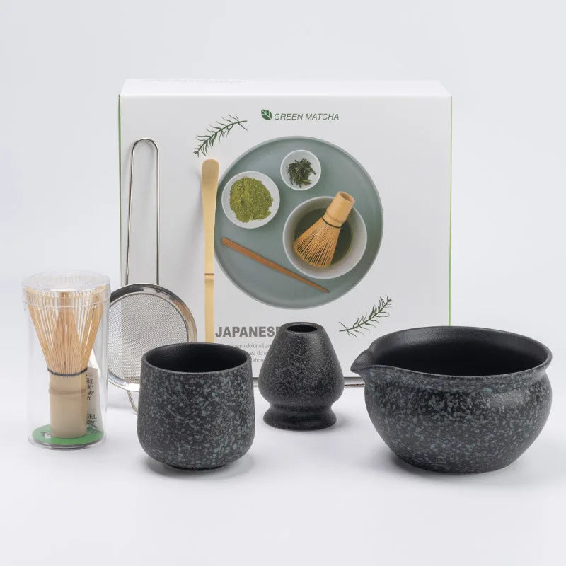 Matcha Bowl Set Ceramic and Bamboo 6-Piece Traditional Tea Ceremony Kit with 100-Prong Whisk and Scoop