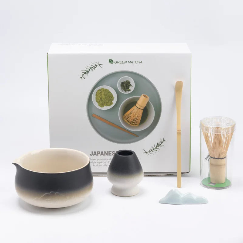 Japanese Matcha Tea Set Ceramic Bowl Bamboo Whisk Spoon Holder Strainer Traditional Green