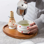 Heart-Shaped Ceramic Matcha Bowl Set with Bamboo Whisk for Japanese Tea Ceremony Size M