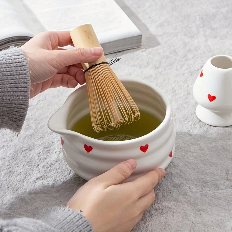 Heart-Shaped Ceramic Matcha Bowl Set with Bamboo Whisk for Japanese Tea Ceremony Size M