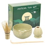 Matcha Tea Set 5-Piece Ceramic Bowl Bamboo Whisk Scoop Holder Green