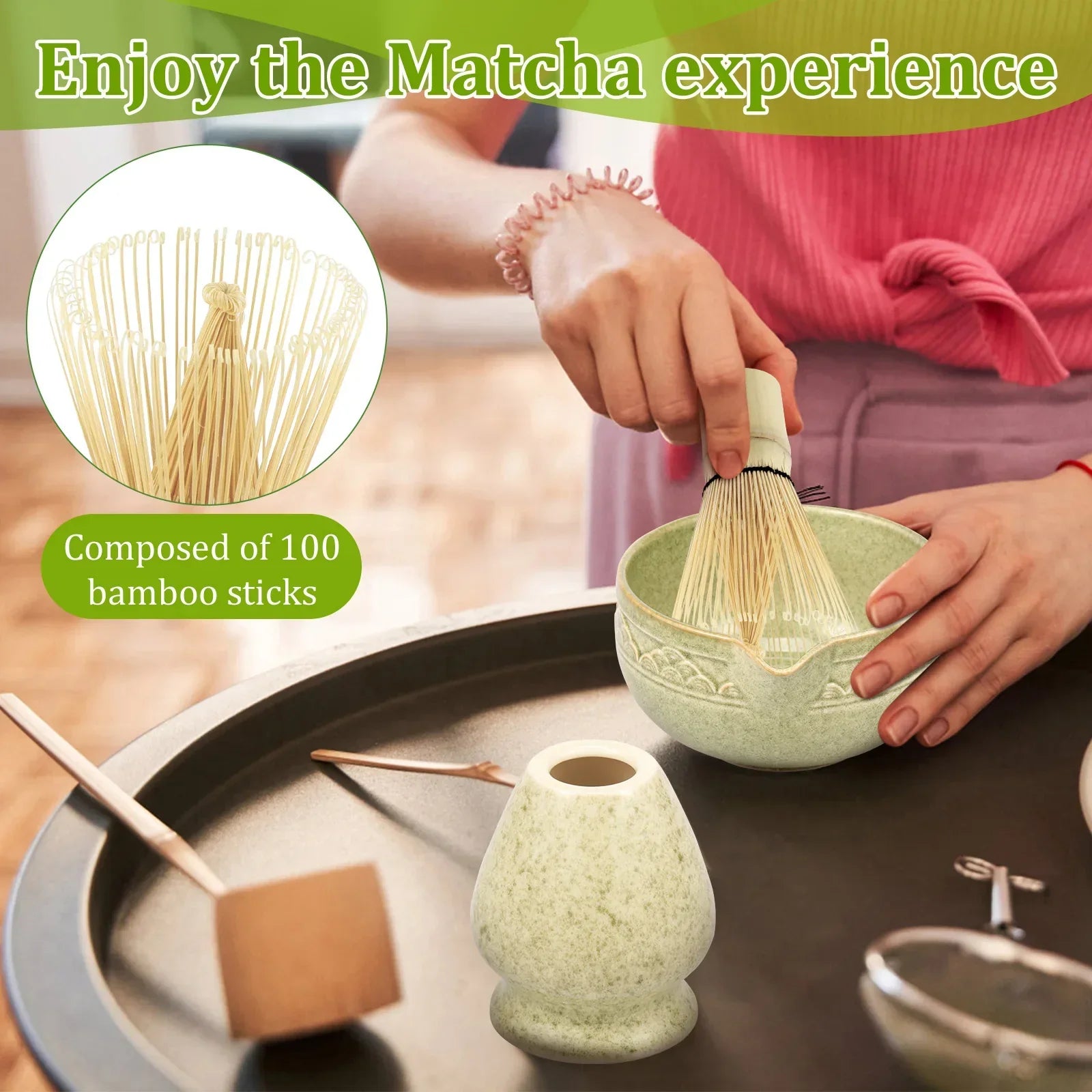 Matcha Tea Set 5-Piece Ceramic Bowl Bamboo Whisk Scoop Holder Green