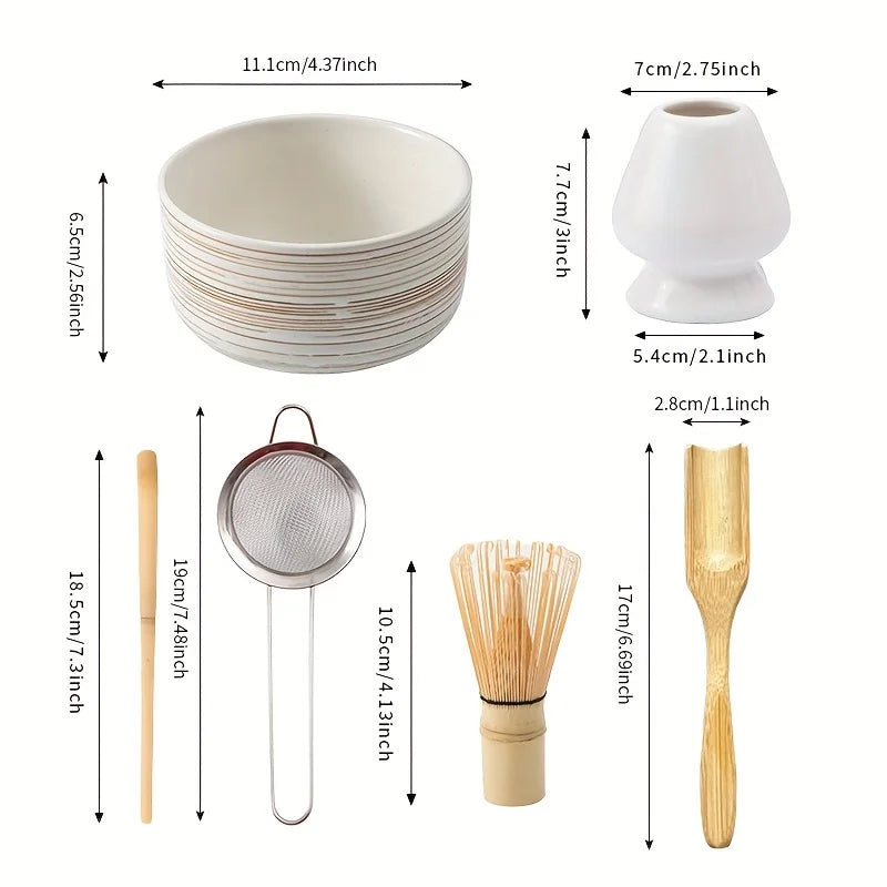 Japanese Matcha Whisk Set 6-Piece Pottery Bowl Scoop Sifter Stand Teaspoon Green
