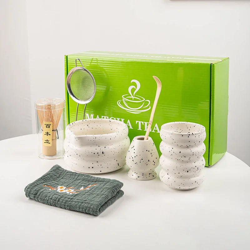 Matcha Tea Set 7-Piece Bamboo and Ceramic Traditional Japanese Green Tea Brewing Kit