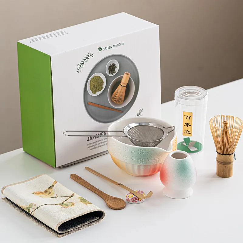 Matcha Tea Set 8-Piece Ceramic Bowl Bamboo Whisk Traditional Japanese Tea Ceremony