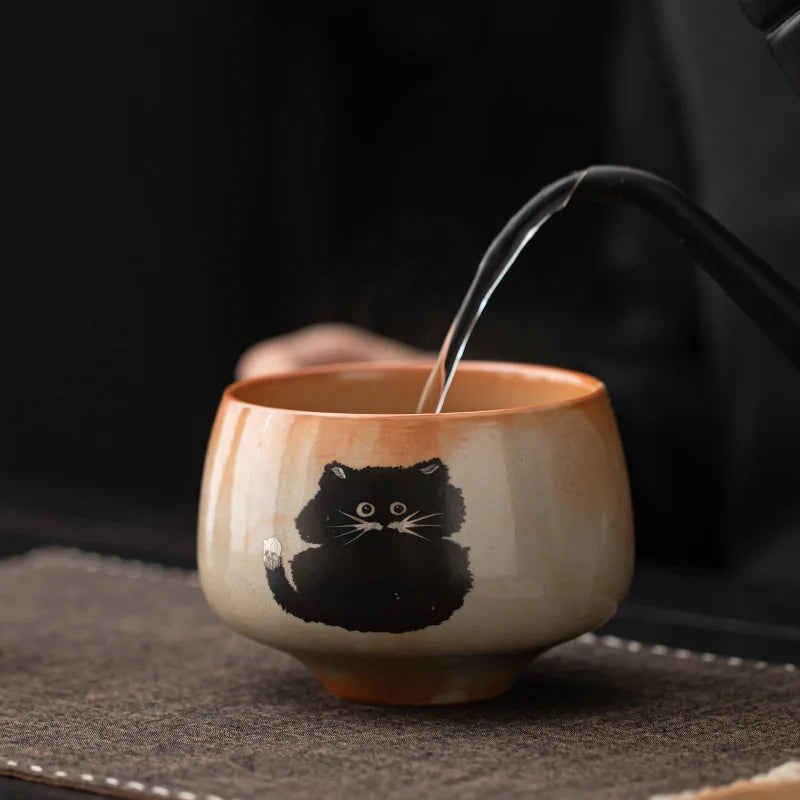 Matcha Tea Set 4 Pieces Bamboo Whisk Ceramic Bowl Cat Design Traditional Japanese Teaware