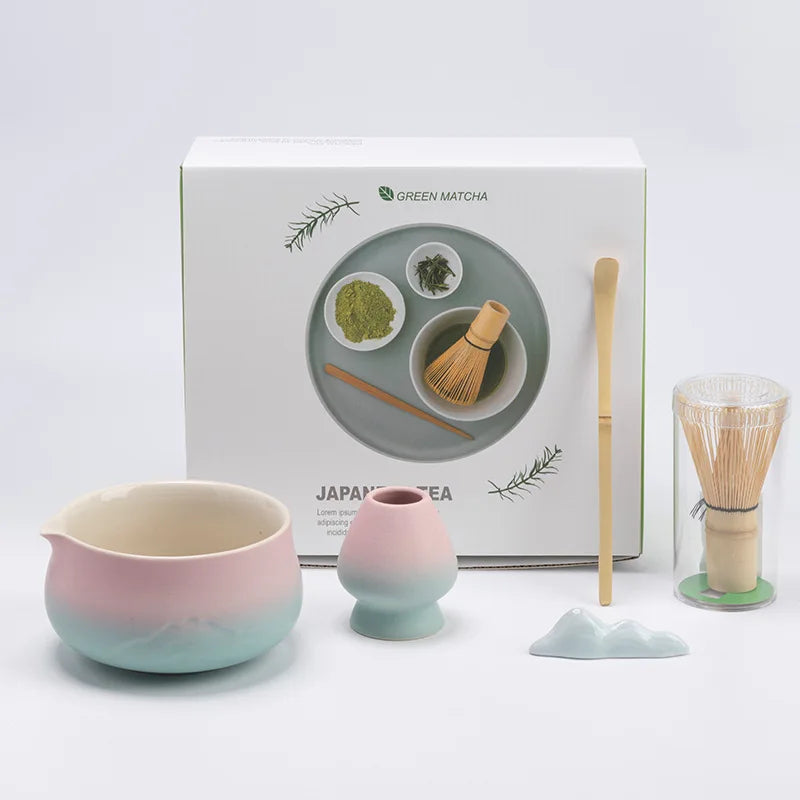 Japanese Matcha Tea Set Ceramic Bowl Bamboo Whisk Spoon Holder Strainer Traditional Green