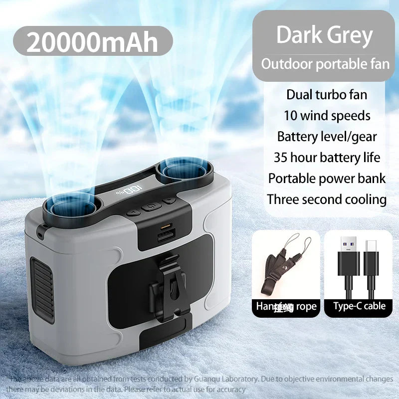 Portable Waist Fan with Power Bank 20000mAh, Hanging Neck Fan, LED Light, Strong Wind for Outdoor Work Sports