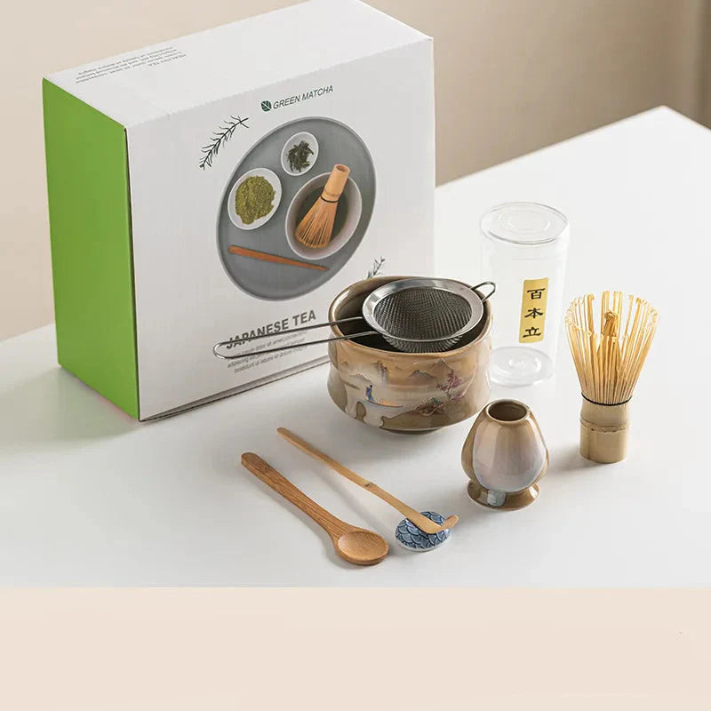 7-Piece Ceramic Matcha Tea Set Green Traditional Bowl Whisk Scoop for Tea Ceremony