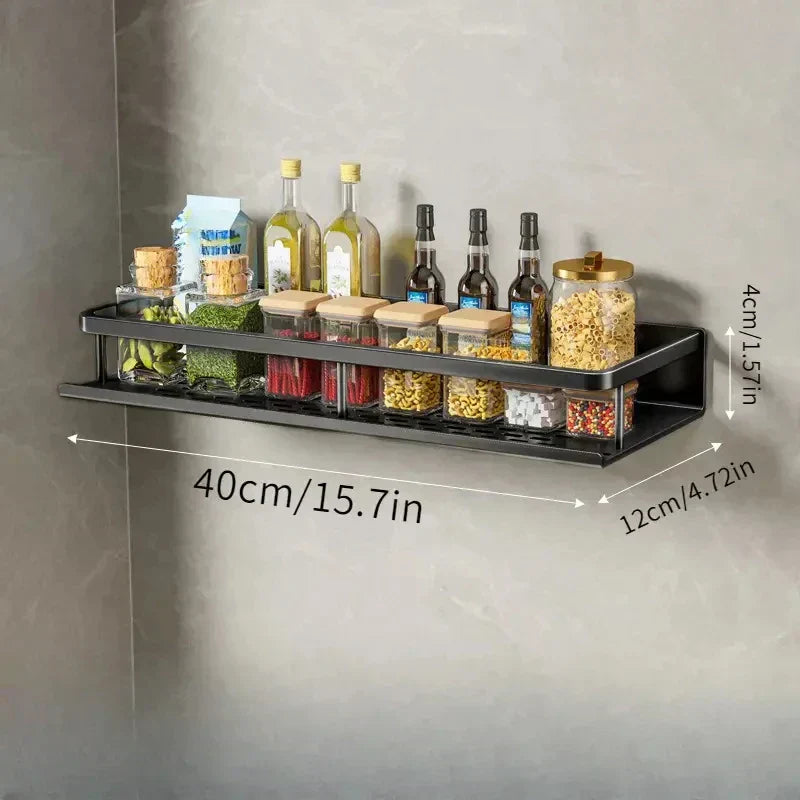 Black Aluminum Kitchen Wall Shelf with Hooks Modern Space-Saving Organizer