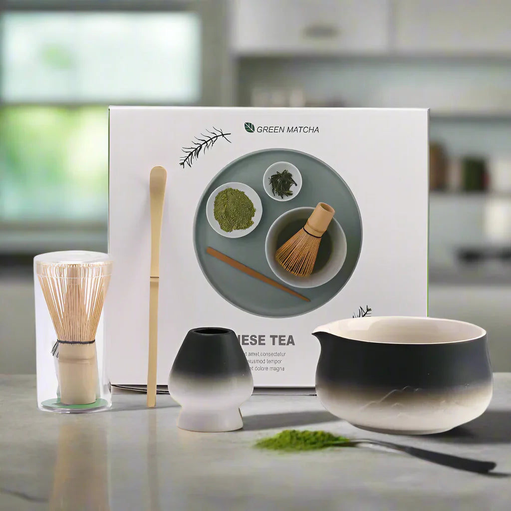 Japanese Matcha Tea Set Ceramic Bowl Bamboo Whisk Spoon Holder Strainer Traditional Green
