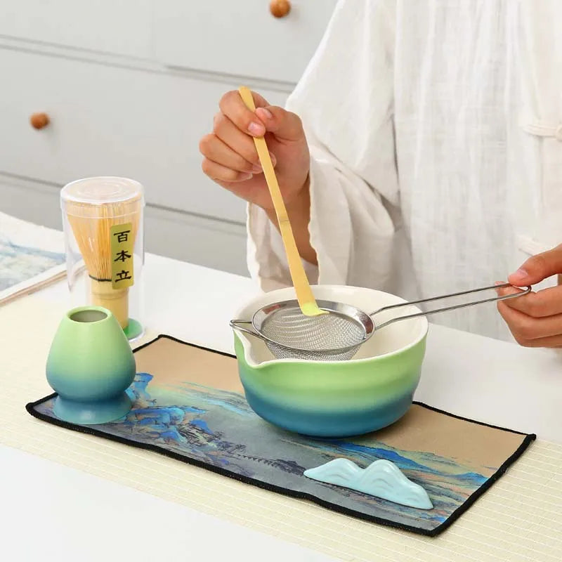 Matcha Tea Gift Set Bamboo and Ceramic Tea Making Kit 2 or 7 Pieces Natural Finish