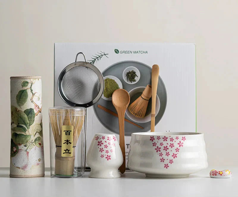 8-Piece Matcha Tea Set Ceramic Bowl Bamboo Whisk Frother Sakura Design Traditional Ceremony
