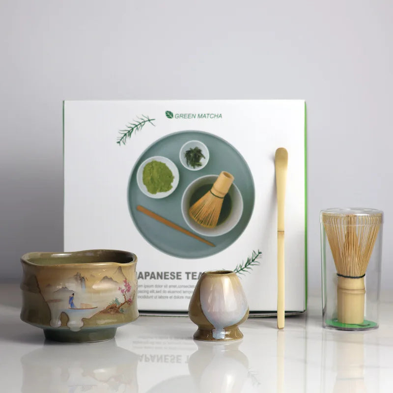Ceramic Matcha Tea Set with Bamboo Whisk 4-Piece Traditional Japanese Tea Ceremony Kit Green