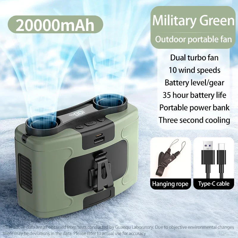 Portable Waist Fan with Power Bank 20000mAh, Hanging Neck Fan, LED Light, Strong Wind for Outdoor Work Sports
