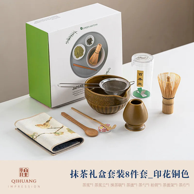 Matcha Tea Set 8-Piece Ceramic Bowl Bamboo Whisk Traditional Japanese Tea Ceremony