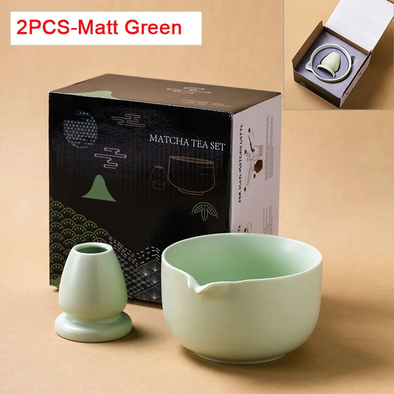 Japanese Ceramic Matcha Bowl Set 550ml Green with Pouring Spout and Whisk Holder for Tea Ceremony