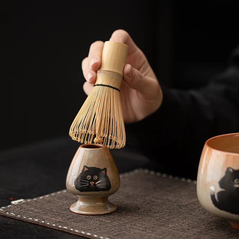 Matcha Tea Set 4 Pieces Bamboo Whisk Ceramic Bowl Cat Design Traditional Japanese Teaware