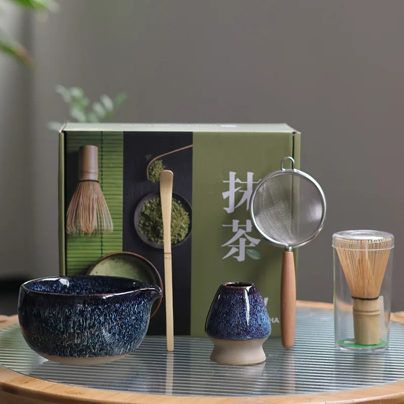 Ceramic Matcha Tea Set Navy Blue Bowl Whisk Brush Traditional Japanese Tea Ceremony