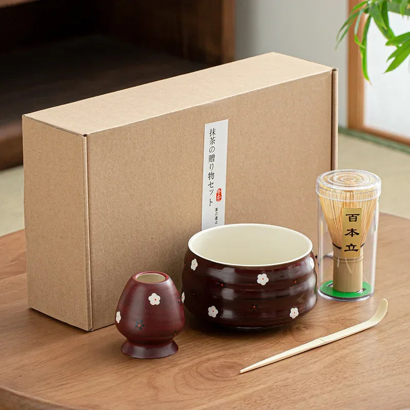 Ceramic Matcha Teaware Set Dark Red Cherry Blossom Design with Bowl Whisk and Teaspoon