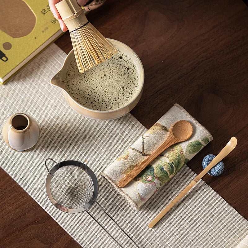 7-Piece Ceramic Matcha Tea Set Green Traditional Bowl Whisk Scoop for Tea Ceremony