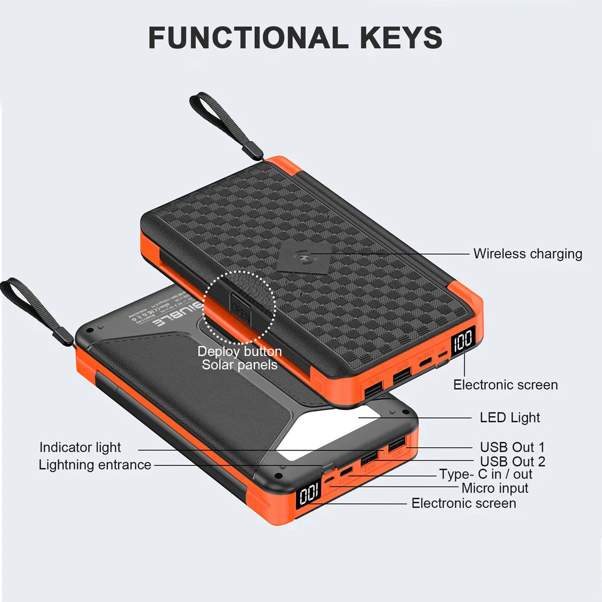 Solar Fast Charging Portable Power Bank 20000mAh Large Capacity Solar Charger with Compass and Lanyard