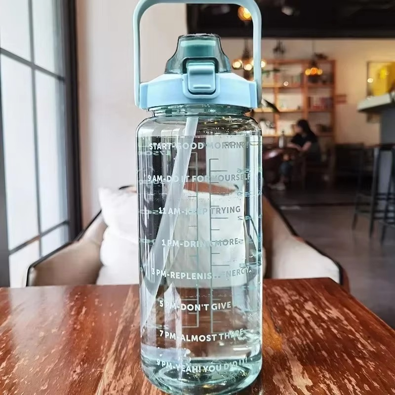 Large 68oz BPA-Free Sports Water Bottle with Straw and Time Marker for Gym and Outdoor Fitness