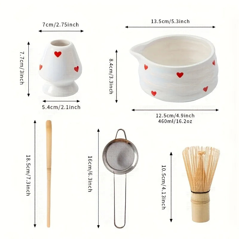 Heart-Shaped Ceramic Matcha Bowl Set with Bamboo Whisk for Japanese Tea Ceremony Size M
