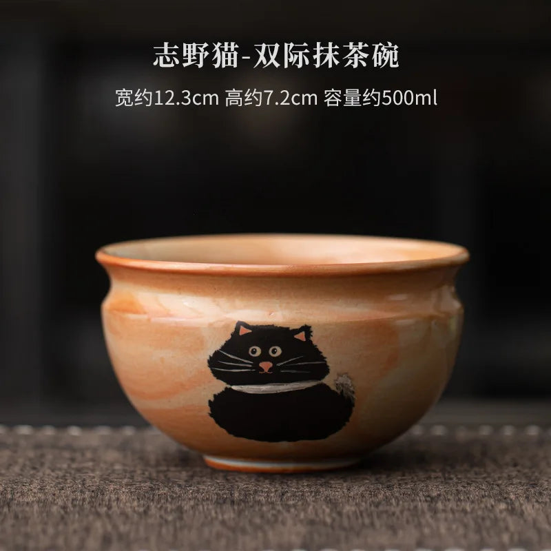 Matcha Tea Set 4 Pieces Bamboo Whisk Ceramic Bowl Cat Design Traditional Japanese Teaware
