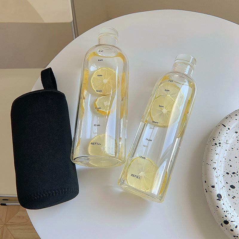 Heat-Resistant Glass Water Bottle with Time Scale and Leak-Proof Lid 22oz