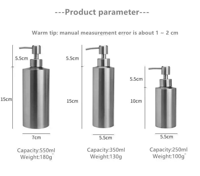 Elegant Stainless Steel Hand Pump Soap Dispenser Refillable Glossy Finish 250ml 350ml 550ml