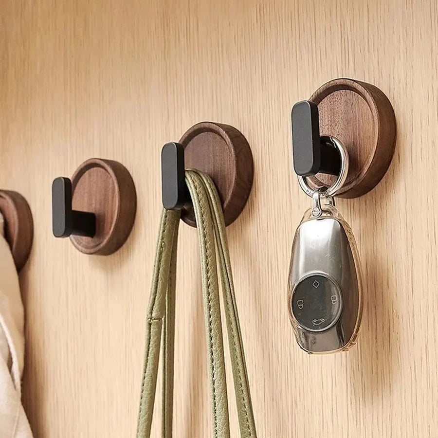 Self-Adhesive Walnut Wood Wall Hooks Round Decorative Key Towel Coat Holder for Bathroom Kitchen Hallway
