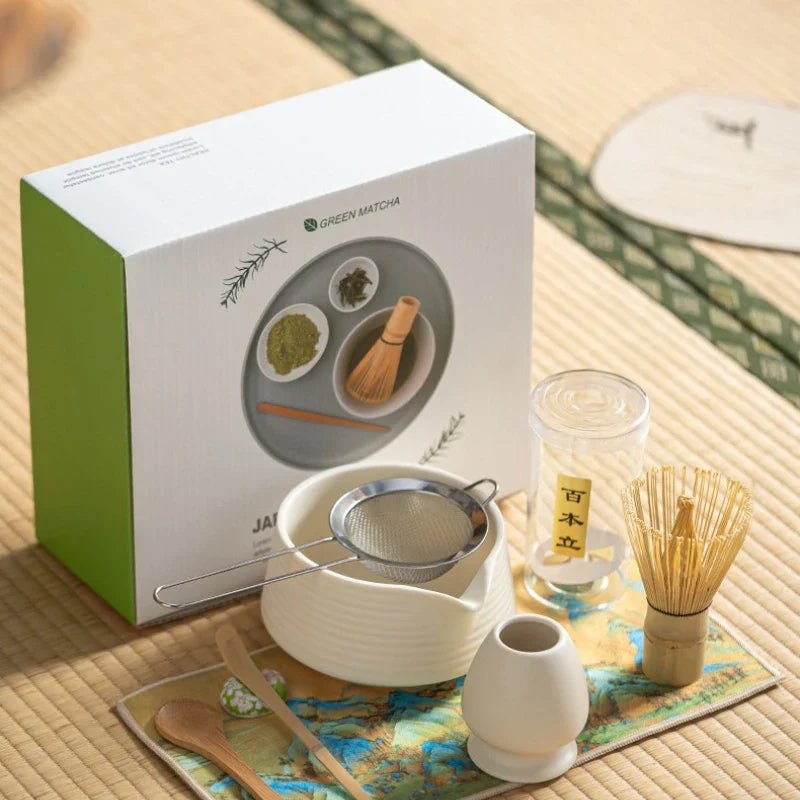 Matcha Tea Set Ceramic 4-Piece Hand-Painted Green Glaze Bowls with Bamboo Whisk and Scoop