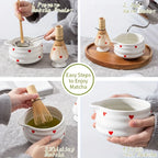 Heart-Shaped Ceramic Matcha Bowl Set with Bamboo Whisk for Japanese Tea Ceremony Size M