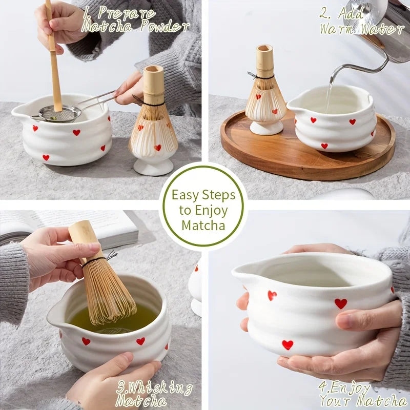 Heart-Shaped Ceramic Matcha Bowl Set with Bamboo Whisk for Japanese Tea Ceremony Size M