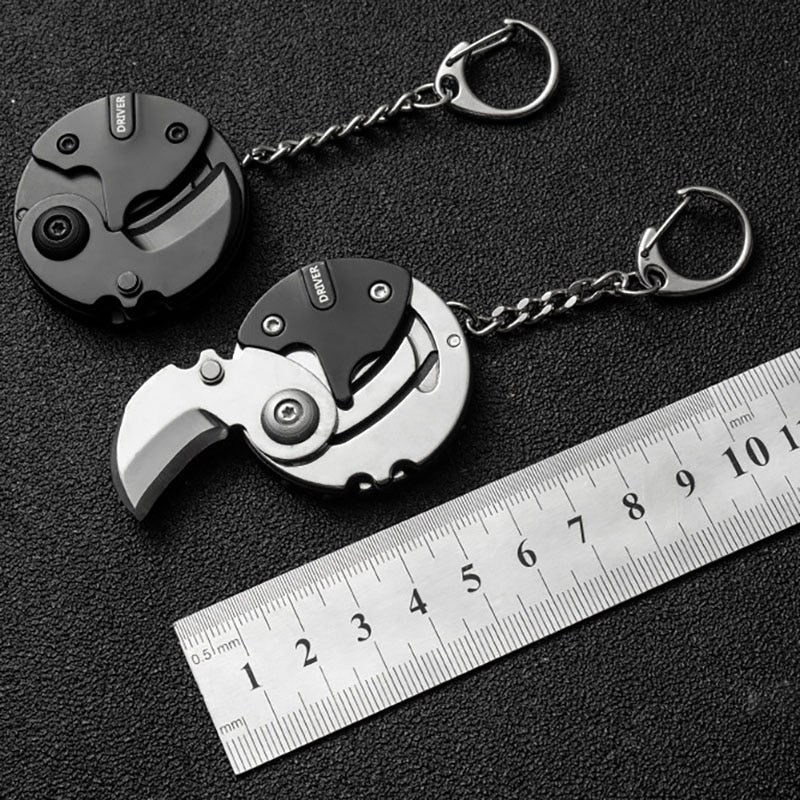 Mini Hiking Survival Keychain Tool Metal Compact with Knife Saw Fire Starter Compass