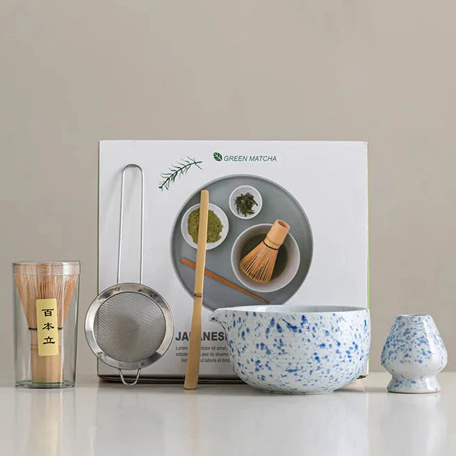 Ceramic Matcha Bowl Set with Whisk Natural Finish Standard Size Traditional Design