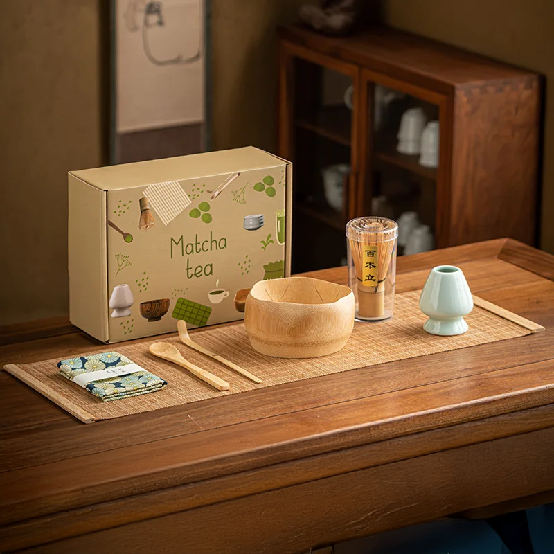7-Piece Matcha Tea Set Bamboo Whisk Ceramic Bowl Scoop Traditional Gift Box