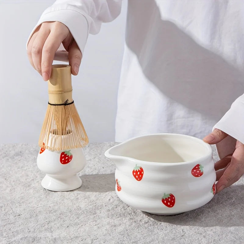 Japanese Matcha Bowl Set Ceramic Strawberry Design Traditional Tea Ceremony Cup