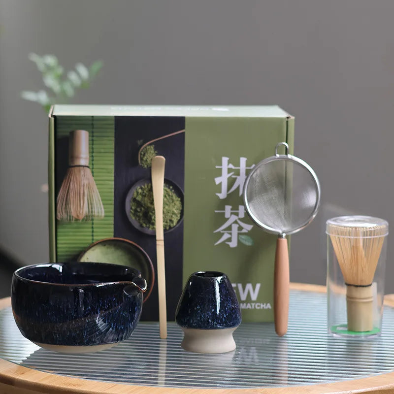 Ceramic Matcha Tea Set Navy Blue Bowl Whisk Brush Traditional Japanese Tea Ceremony