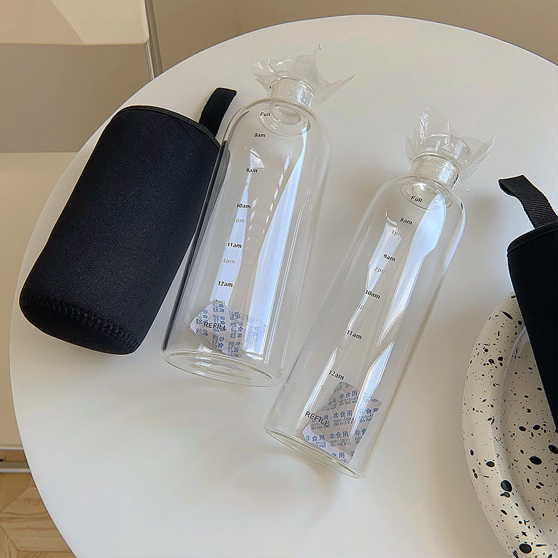 Heat-Resistant Glass Water Bottle with Time Scale and Leak-Proof Lid 22oz