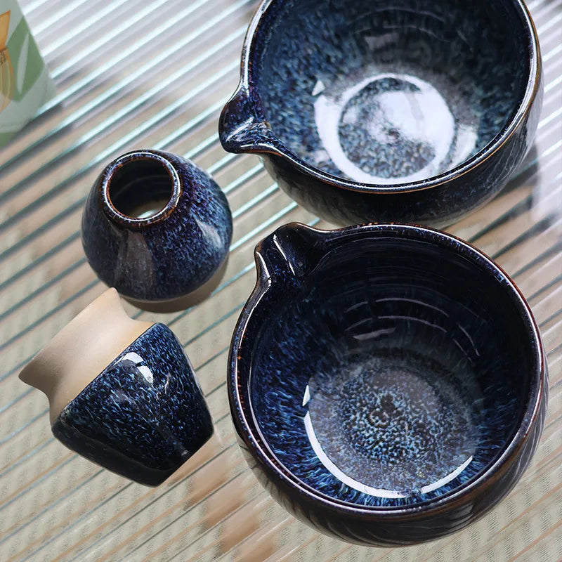 Ceramic Matcha Tea Set Navy Blue Bowl Whisk Brush Traditional Japanese Tea Ceremony