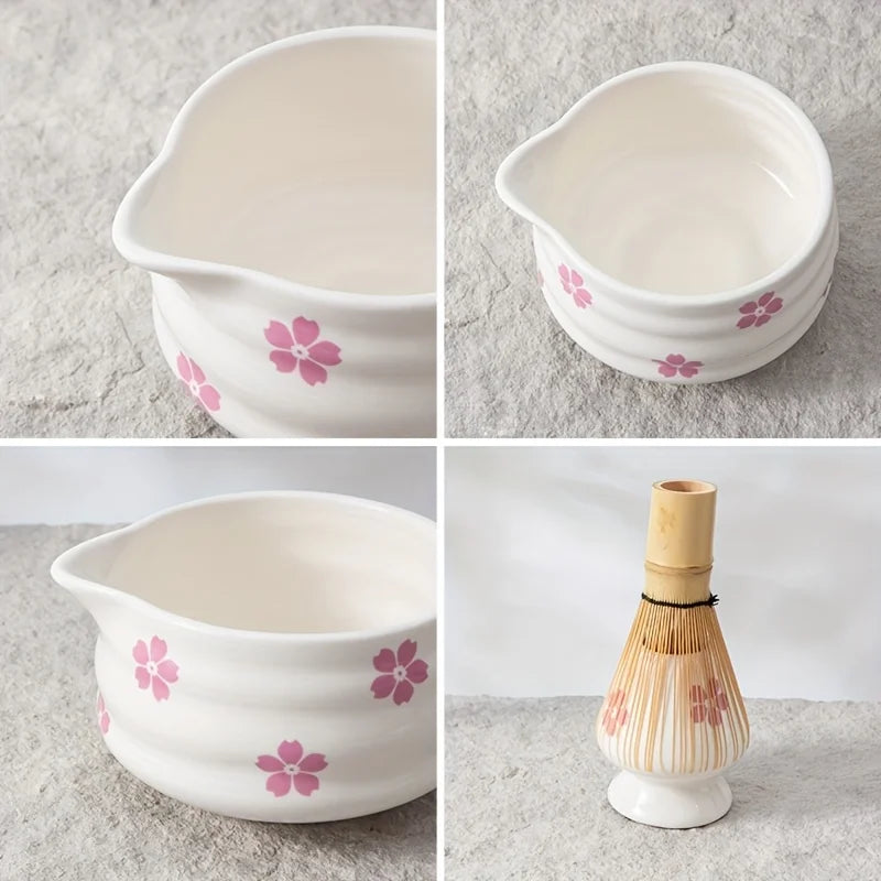 Cherry Blossom Ceramic Matcha Tea Set 5-Piece with Whisk Standard Size