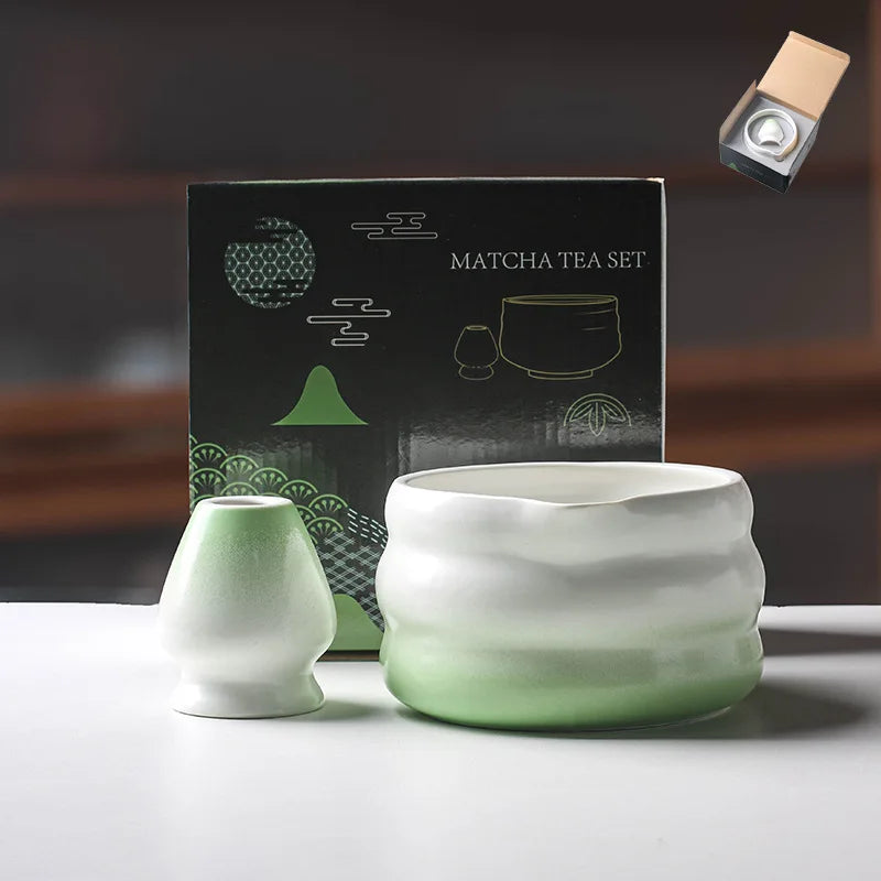 Japanese Ceramic Matcha Bowl Set 550ml Green with Pouring Spout and Whisk Holder for Tea Ceremony