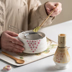 8-Piece Matcha Tea Set Ceramic Bowl Bamboo Whisk Frother Sakura Design Traditional Ceremony