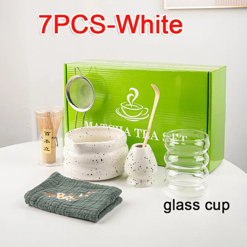 Matcha Tea Set 7-Piece Bamboo and Ceramic Traditional Japanese Green Tea Brewing Kit