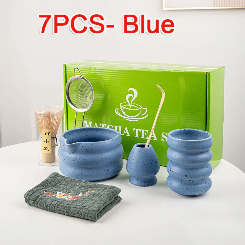 Matcha Tea Set 7-Piece Bamboo and Ceramic Traditional Japanese Green Tea Brewing Kit