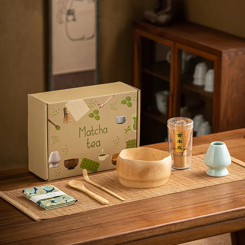 7-Piece Matcha Tea Set Bamboo Whisk Ceramic Bowl Scoop Traditional Gift Box