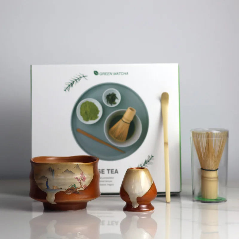 Ceramic Matcha Tea Set with Bamboo Whisk 4-Piece Traditional Japanese Tea Ceremony Kit Green