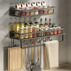 Black Aluminum Kitchen Wall Shelf with Hooks Modern Space-Saving Organizer